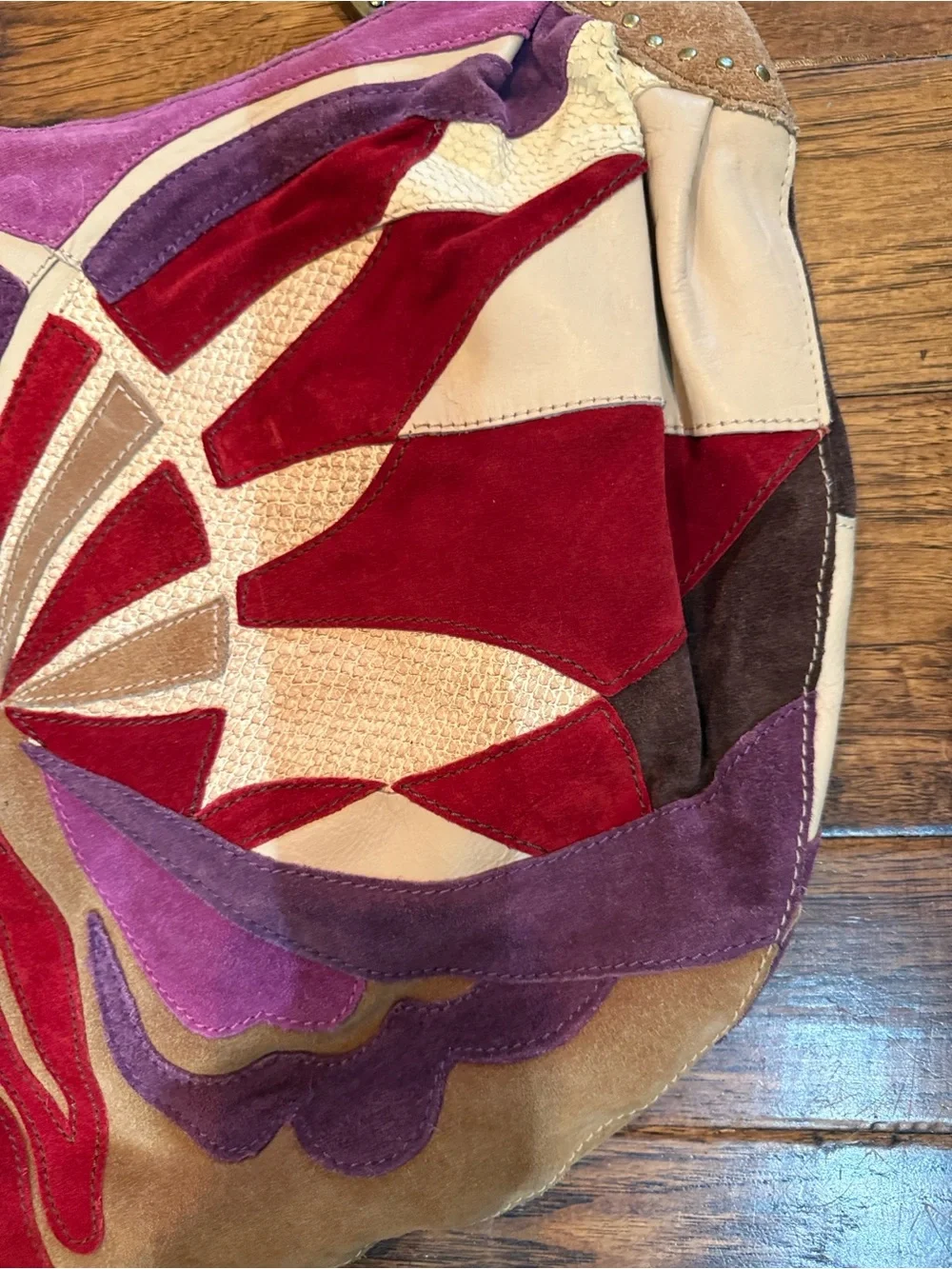 Y2K Vintage Lucky Brand Suede Patchwork Hobo in Red, Purple, Tan, Cream, Brown